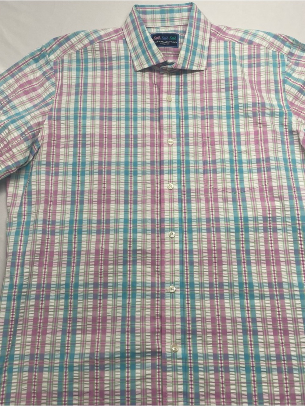 Charleston Threads Men's Plaid Button-Down Shirt in Blue & Pink